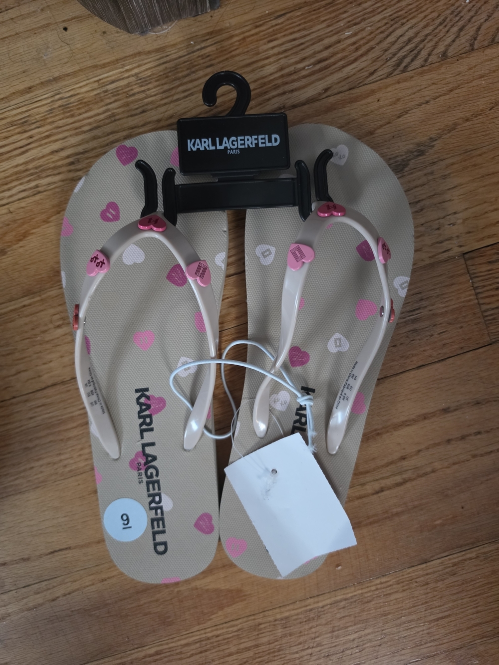 Karl Lagerfeld Beige Flip Flops with Pink Heart Details